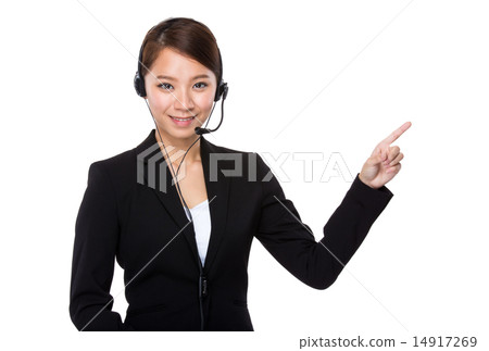 Customer services operator with finger point up 14917269