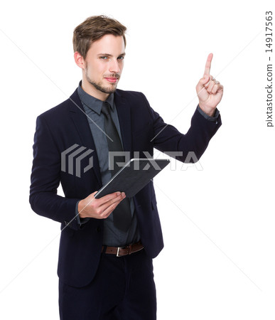Businessman use of digital tablet and finger point up 14917563