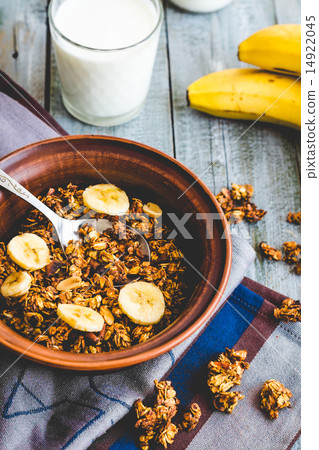 homemade granola with bananas, nuts and dates,milk homemade granola with bananas, nuts and dates,milk 14922045