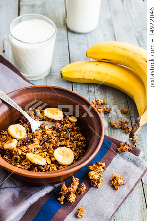 homemade granola with bananas, nuts and dates,milk homemade granola with bananas, nuts and dates,milk 14922046