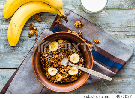 granola with bananas, nuts, figs and honey, milk granola with bananas, nuts, figs and honey, milk 14922057