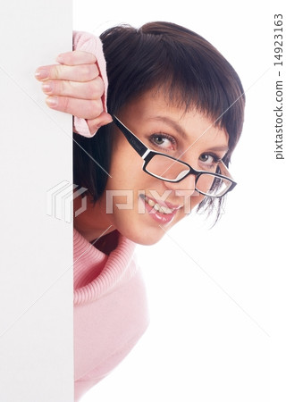 Pretty girl behind white board Pretty girl behind white board 14923163