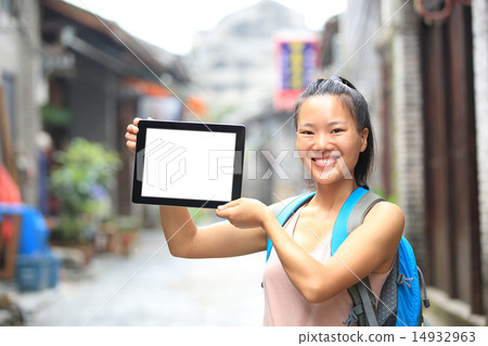young asian woman tourist hold blank digital table 14932963
