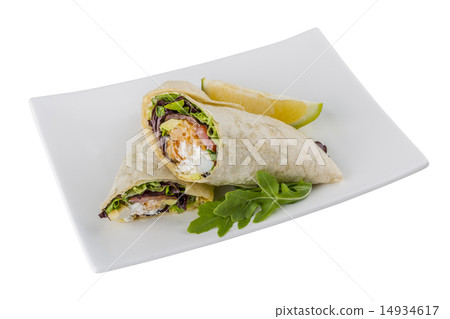 Salmon tortilla wrap on isolated white background Salmon tortilla wrap on isolated white background 14934617