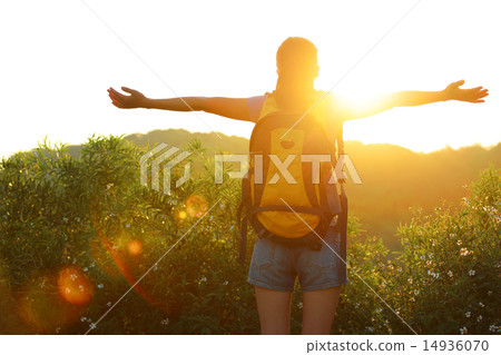 thankful woman hiker open arms to the sunrise thankful woman hiker open arms to the sunrise 14936070