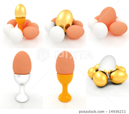 Eggs, gold easter egg and egg cups. Easter set Eggs, gold easter egg and egg cups. Easter set 14936211