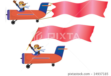 pilot sitting in airplane and red banner/flag pilot sitting in airplane and red banner/flag 14937185