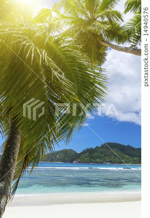White coral beach sand and azure indian ocean. White coral beach sand and azure indian ocean. 14940576