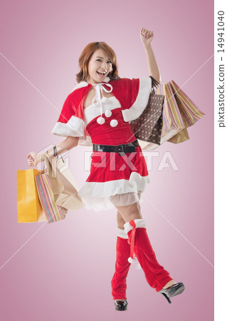 Asian Christmas girl hold shopping bags 14941040