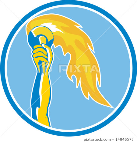 Hand Holding Burning Flaming Torch Circle Retro Hand Holding Burning Flaming Torch Circle Retro 14946575