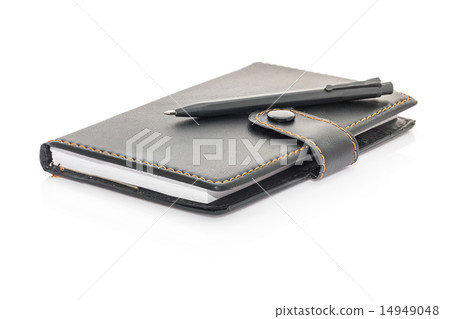 Black leather note book and pen on white Black leather note book and pen on white 14949048