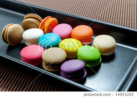 colorful macaroons in black ceramic plate 14951283
