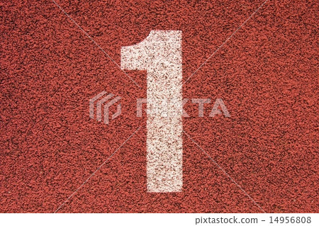 White track number on red rubber racetrack, texture of running racetracks in small outdoor stadium 14956808