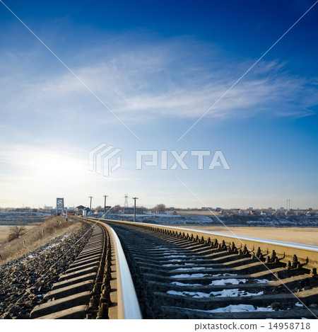 railroad to horizon under deep blue sky in sunset railroad to horizon under deep blue sky in sunset 14958718