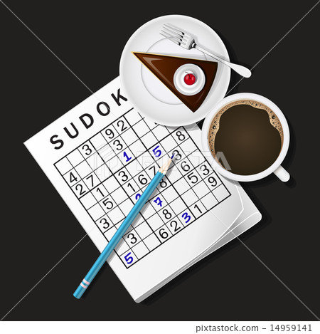 Sudoku game, mug of coffee and chocolate cake Sudoku game, mug of coffee and chocolate cake 14959141