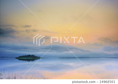 island on the lake at sunrise 14968501