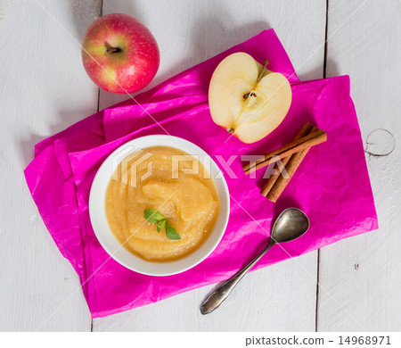 Applesauce on pink paper and spoon 14968971
