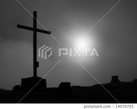 Modern iron cross at a mountain top in Alps. Modern iron cross at a mountain top in Alps. 14970785