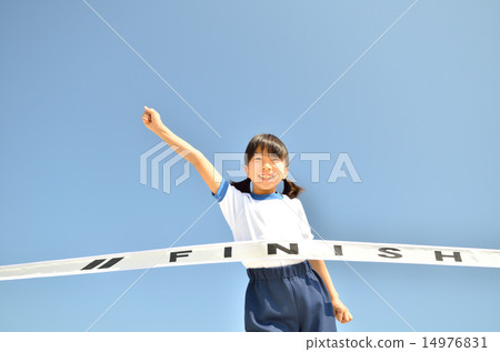 Girls running in the blue sky (gym clothes, goal tape) 14976831