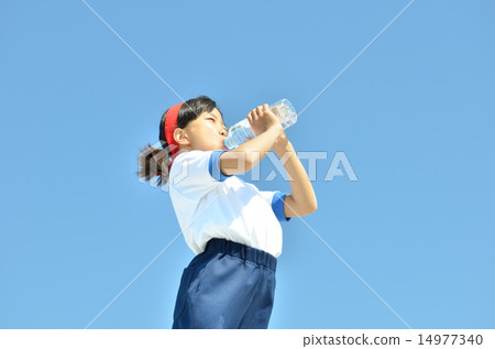 Girl drinking water in blue sky (gym suit, hachimaki) 14977340