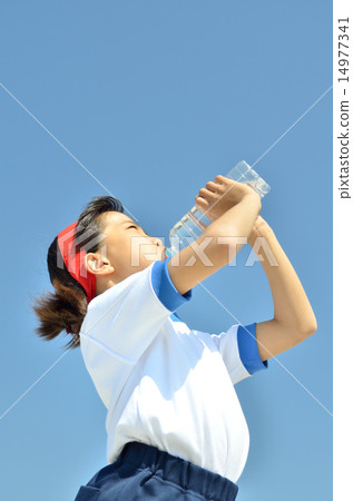 Girl drinking water in blue sky (gym suit, hachimaki) 14977341