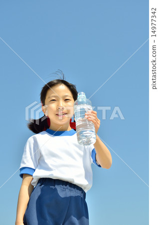 Girl drinking water in blue sky (gym suit, hachimaki) 14977342