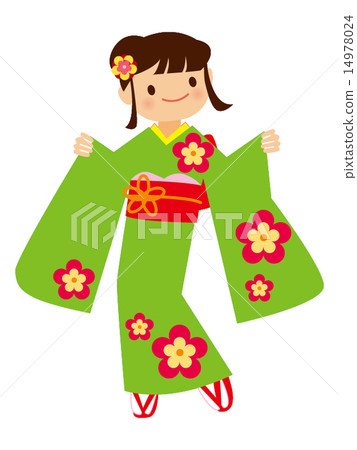 Furisode girl, yellow green kimono 14978024
