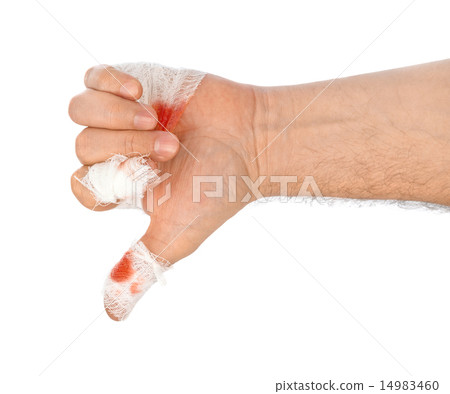 Hand thumb with blood and bandage Hand thumb with blood and bandage 14983460
