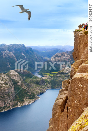 Cliff Preikestolen in fjord Lysefjord - Norway Cliff Preikestolen in fjord Lysefjord - Norway 14983477