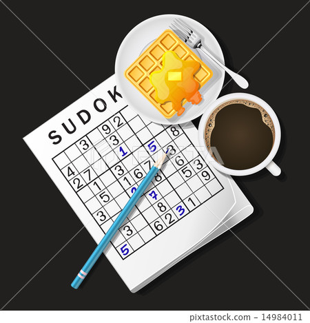 Sudoku game, mug of coffee and waffle 14984011