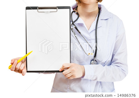 Nurse shows clipboard with blank paper isolated 14986376