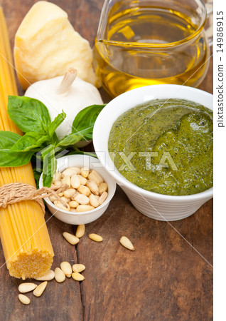 Italian traditional basil pesto pasta ingredients Italian traditional basil pesto pasta ingredients 14986915