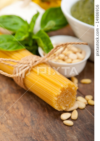 Italian traditional basil pesto pasta ingredients 14986916