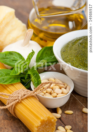 Italian traditional basil pesto pasta ingredients Italian traditional basil pesto pasta ingredients 14986917