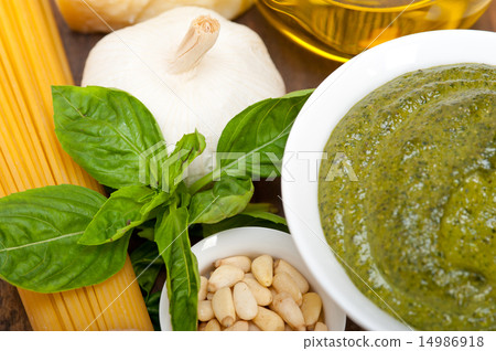 Italian traditional basil pesto pasta ingredients Italian traditional basil pesto pasta ingredients 14986918
