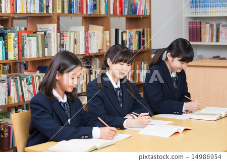 初中生在圖書館學習 14986954