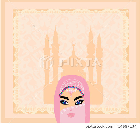 beautiful muslim women on mosque background. 14987134