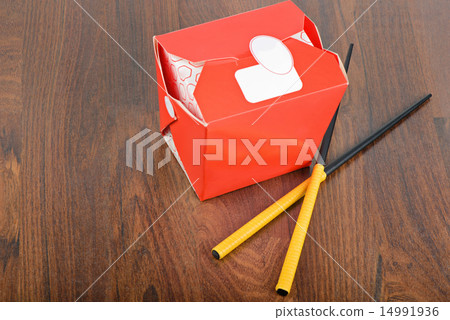 Chinese take away red food box with chopstocks Chinese take away red food box with chopstocks 14991936