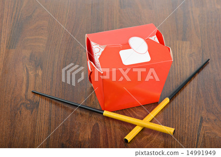 Chinese take away red food box and chopstocks Chinese take away red food box and chopstocks 14991949