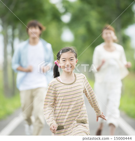 Parent and child running along one road 15000444