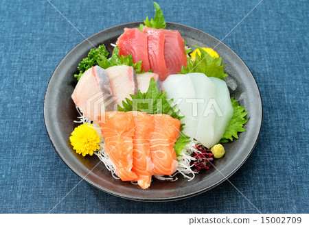 Assorted assortment of sashimi with a detailed variety unknown, tuna, squid, tomato and salmon. Assorted assortment of sashimi with a detailed variety unknown, tuna, squid, tomato and salmon. 15002709