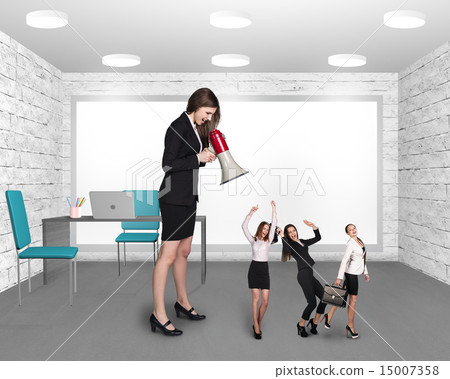 Girl in devil costume is getting mad and shouting from megaphone on business people  15007358