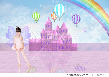 Little fairy balerina in front of a pink fairy castle Little fairy balerina in front of a pink fairy castle 15007480