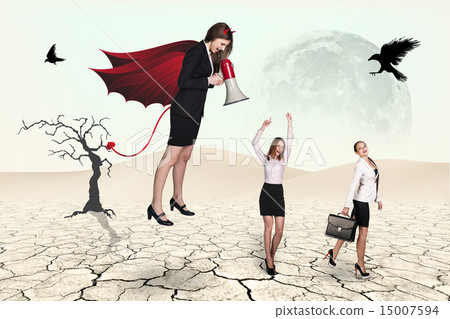 Devil businesslady with a megaphone screeming  15007594