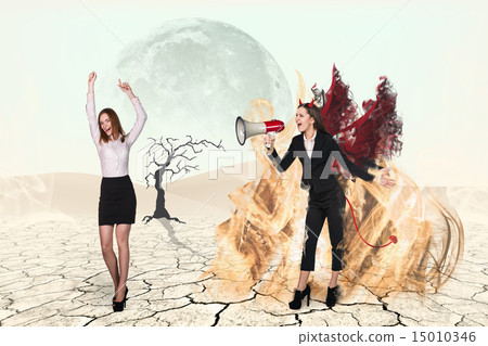 Devil screaming to loudspeaker on businesswoman 15010346