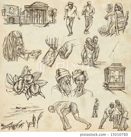 Jamaica Travel. Hand drawn pack on old paper. Jamaica Travel. Hand drawn pack on old paper. 15010780