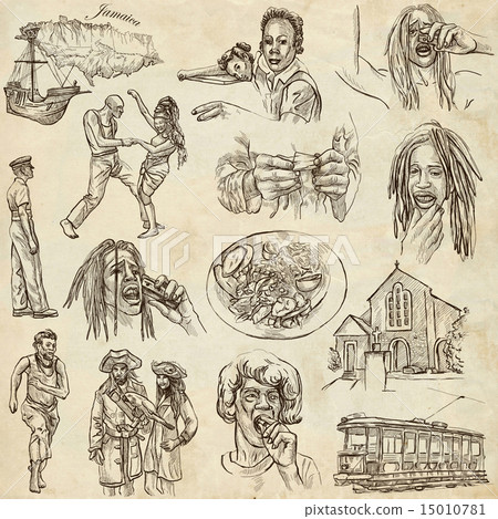 Jamaica Travel. Hand drawn pack on old paper. 15010781