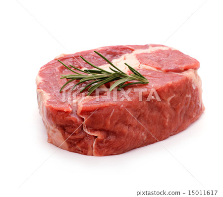 Beef ribeye steak garnished with sprig of rosemary 15011617