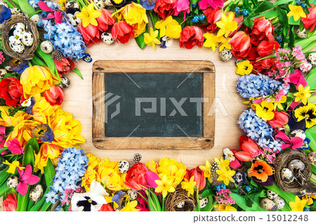 Spring flowers and easter eggs. Tulips, narcissus Spring flowers and easter eggs. Tulips, narcissus 15012248