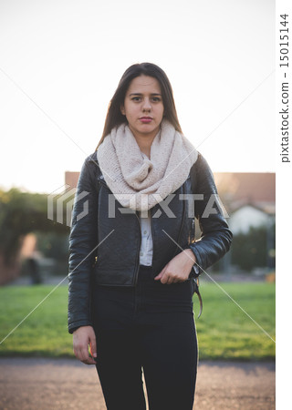 young beautiful long hair woman in town 15015144